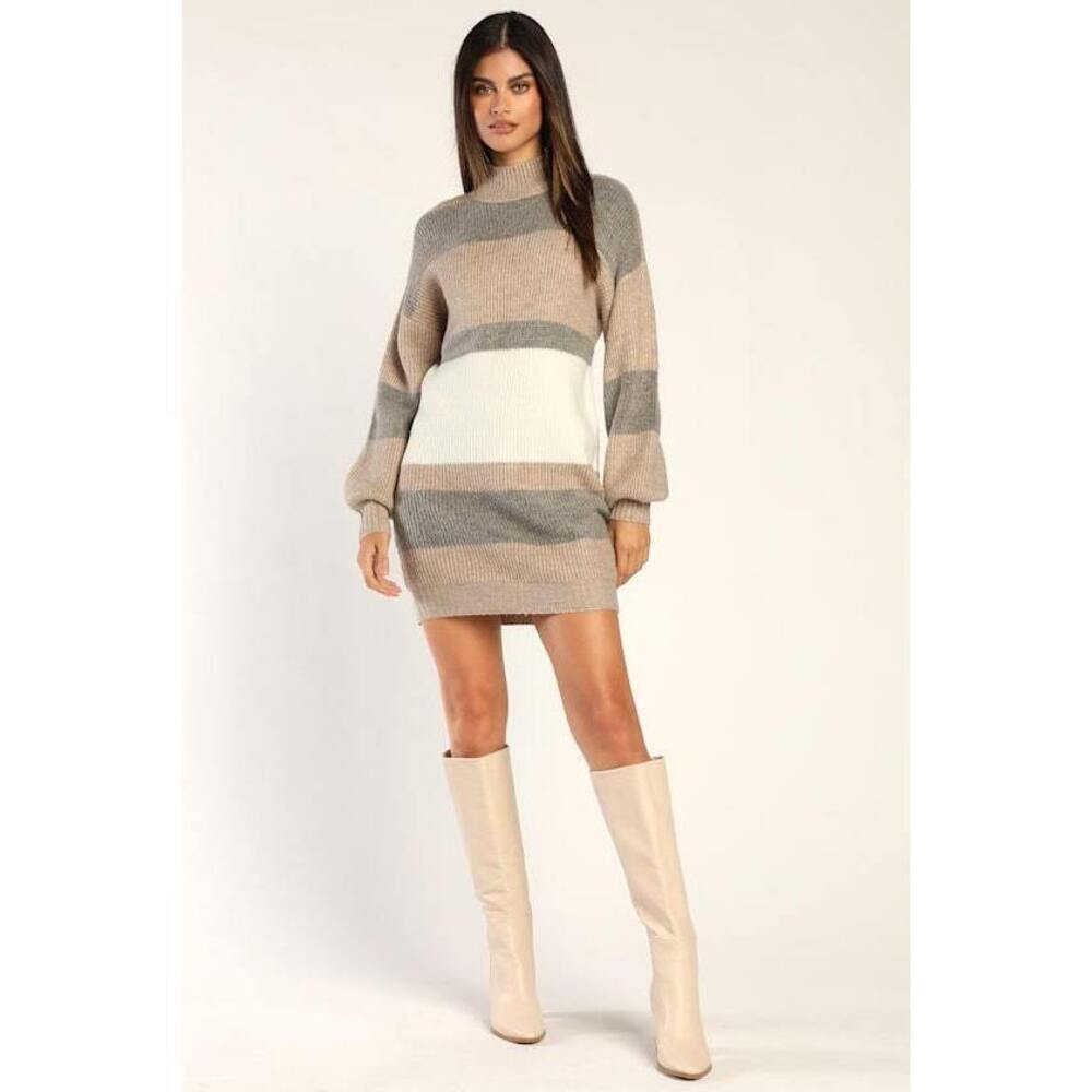 Lulus Casually Comfy Taupe Multi Striped Mock Neck Sweater Dress - Size M